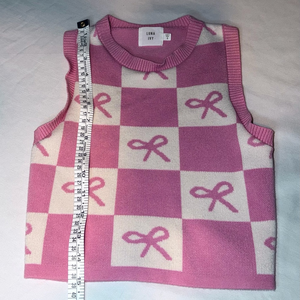 Luna Ivy Pink Bow Checkered Sweater Vest Women’s Small Preppy Coquette - Picture 4 of 4